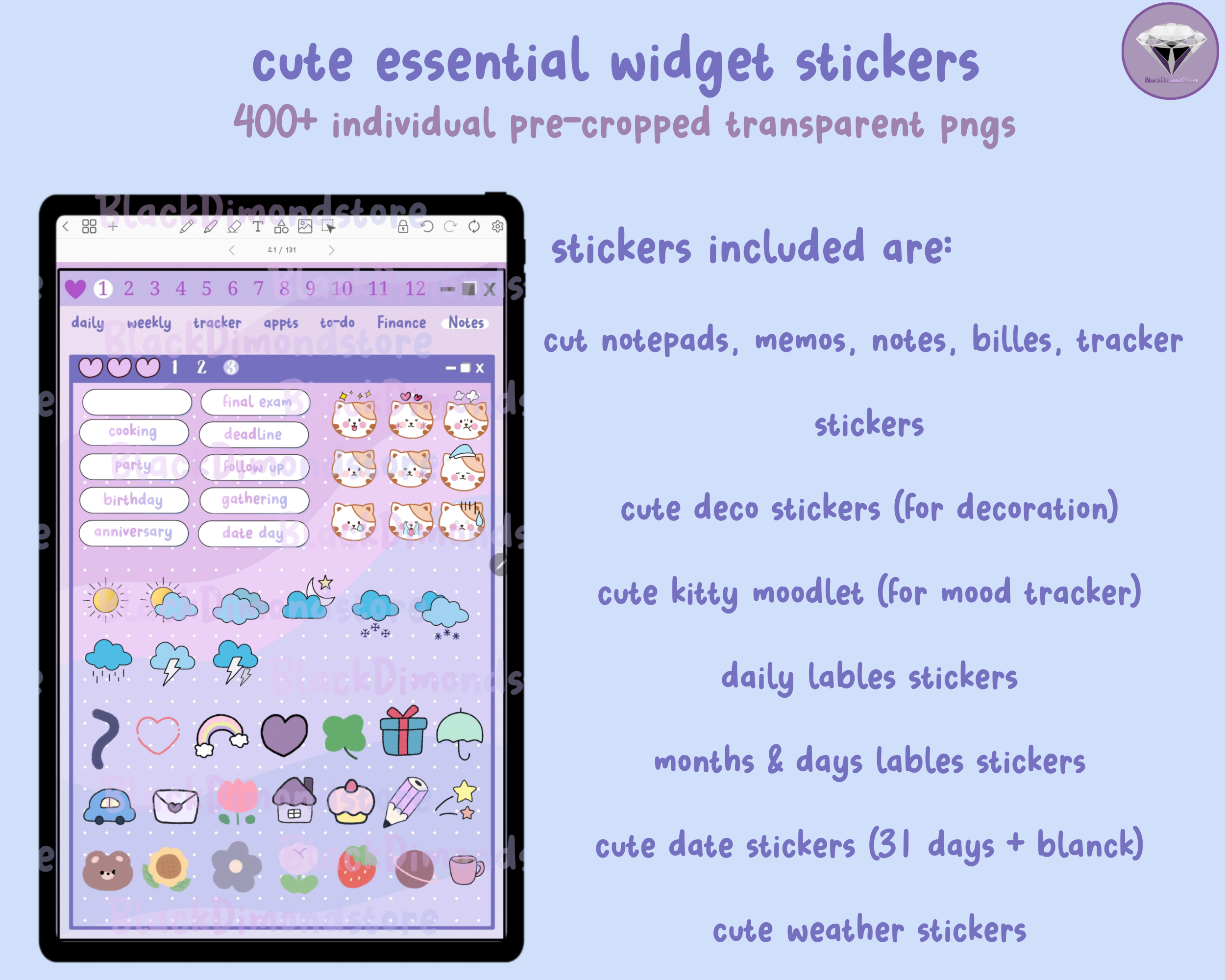 Cute essential planner widget stickers, pre-cropped | Webudding