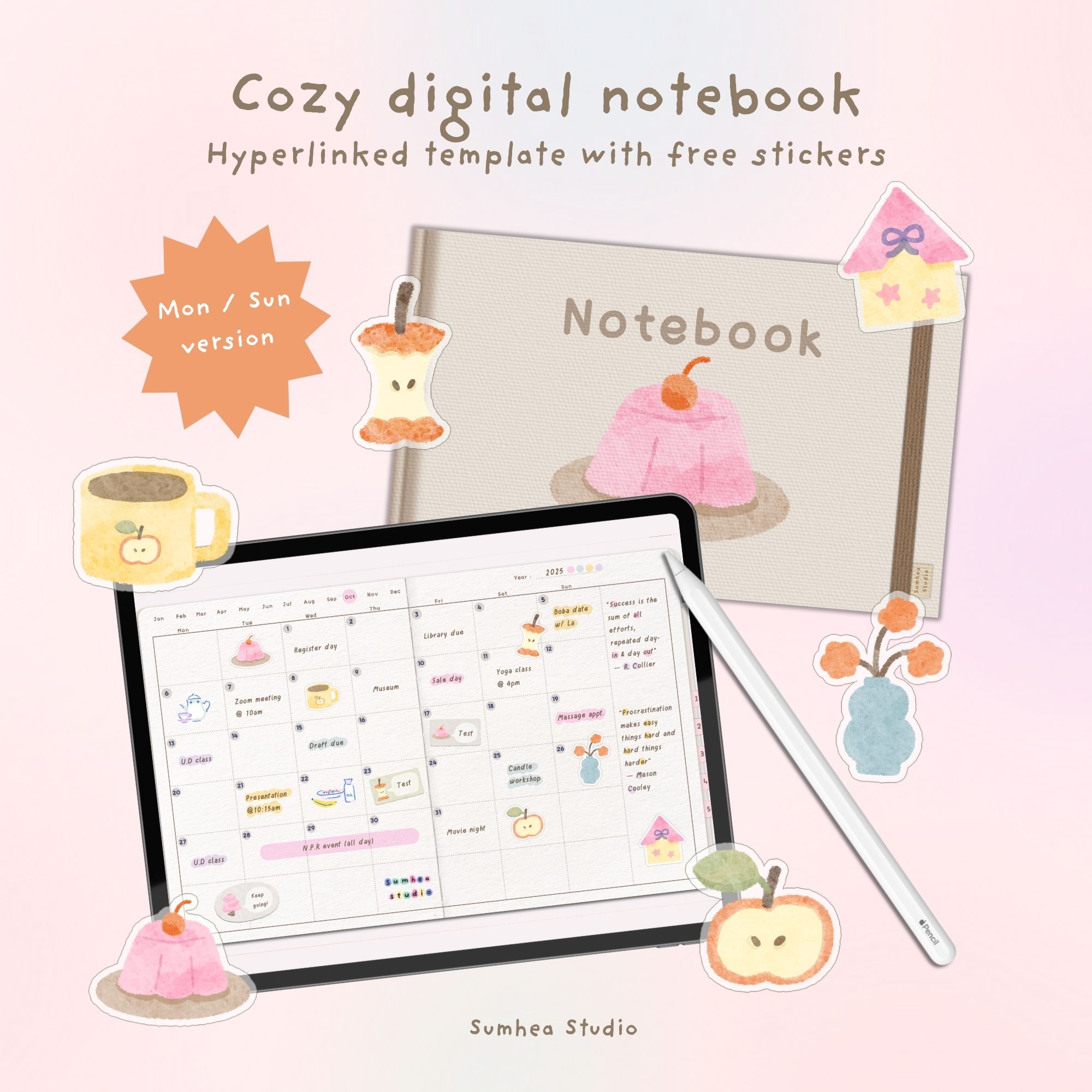 Cozy digital notebook 🍮 Realistic paper template with free stickers 🍎 ...